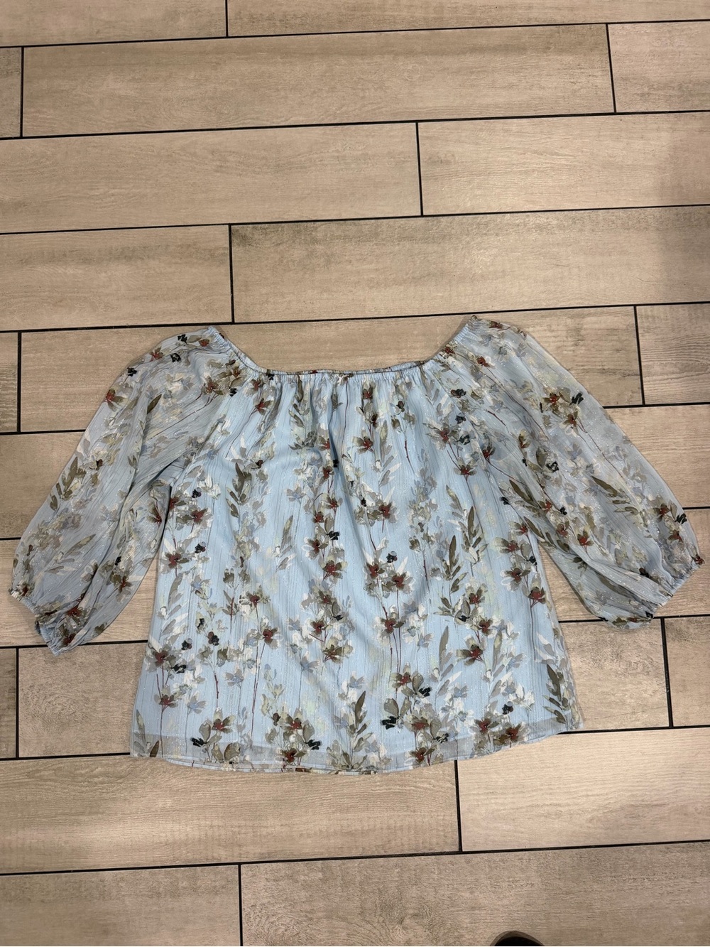 White House Black Market Light Blue Floral Off-Shoulder Blouse